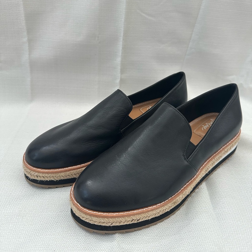 Crown Vintage Black Leather Slip-On Platform Espadrille Flats